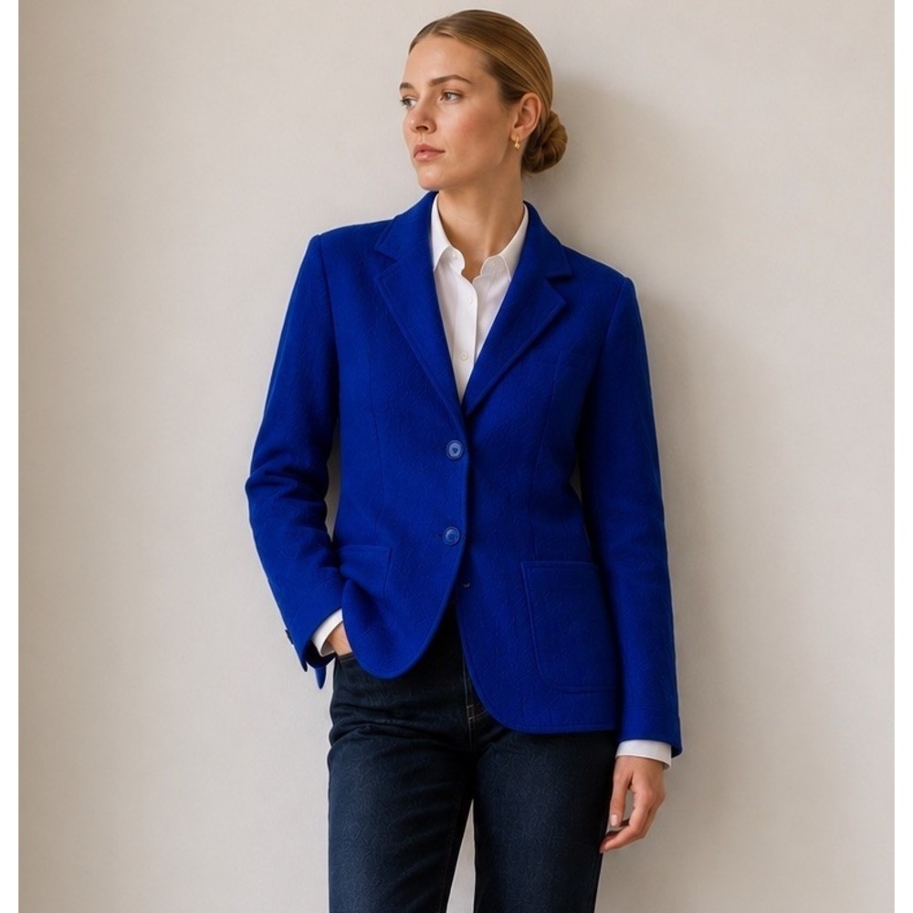 Chico's Blazer Jacket M Royal Blue Two Button Pockets Lightweight Boiled Wool - Picture 1 of 8